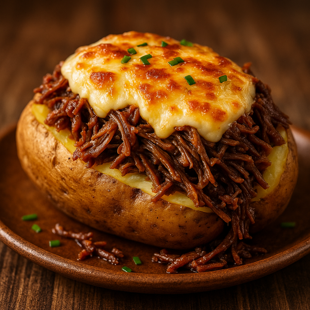 Batata recheada com costela desfiada e queijo gratinado