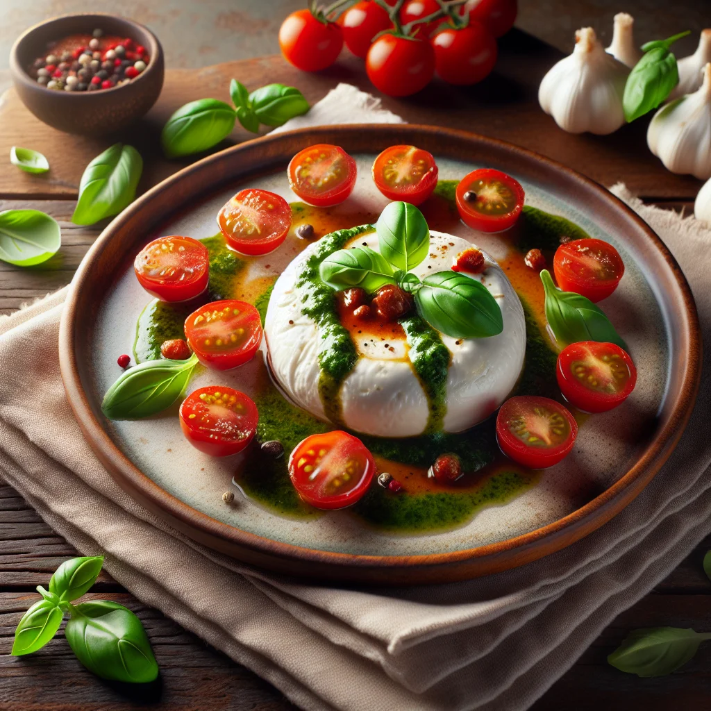 Burrata ao molho de manjericão com tomates cerejas