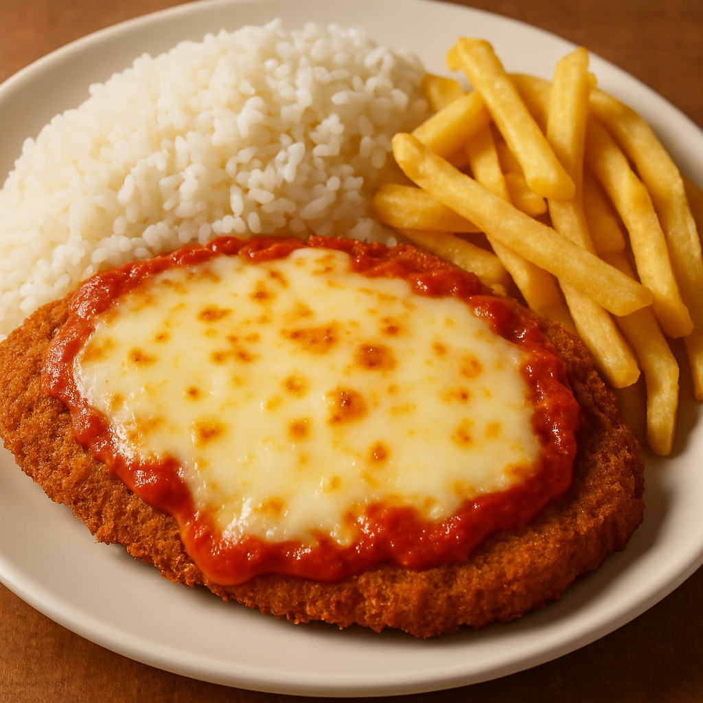 **Filé de Carne à Parmegiana com Arroz Branco e Batatas Fritas**