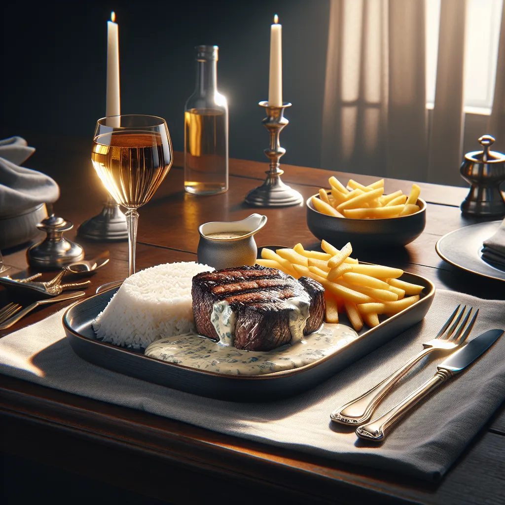 Filé Mignon ao Molho de Gorgonzola com Arroz Branco e Batatas Fritas