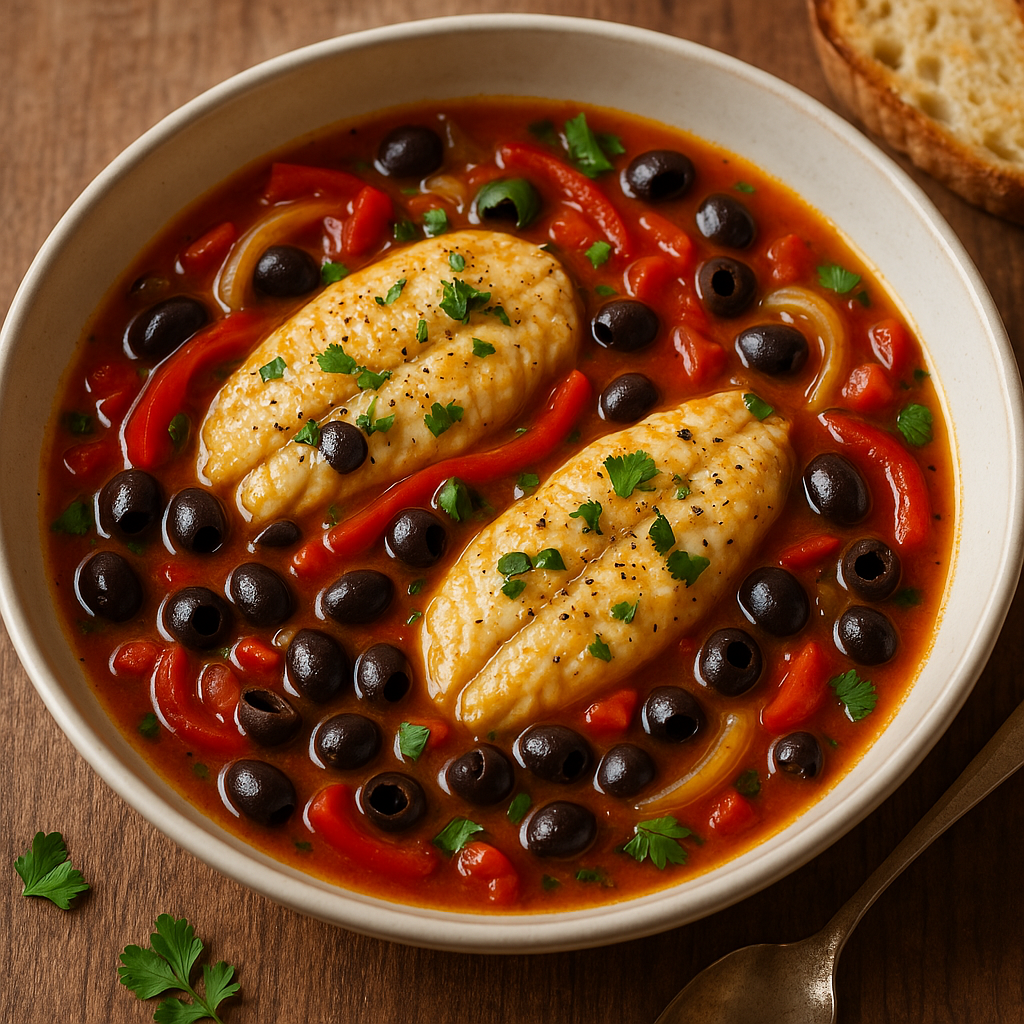Peixe ensopado à moda mediterrânea