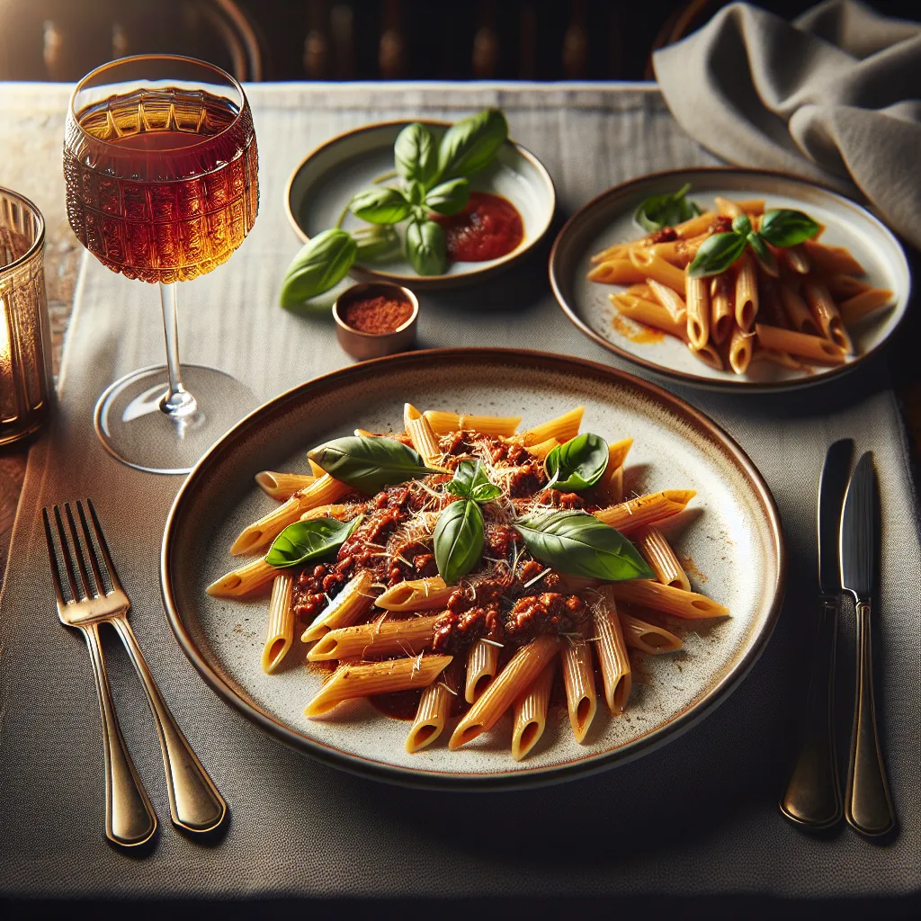 Penne ao Molho Bolonhesa com Manjericão