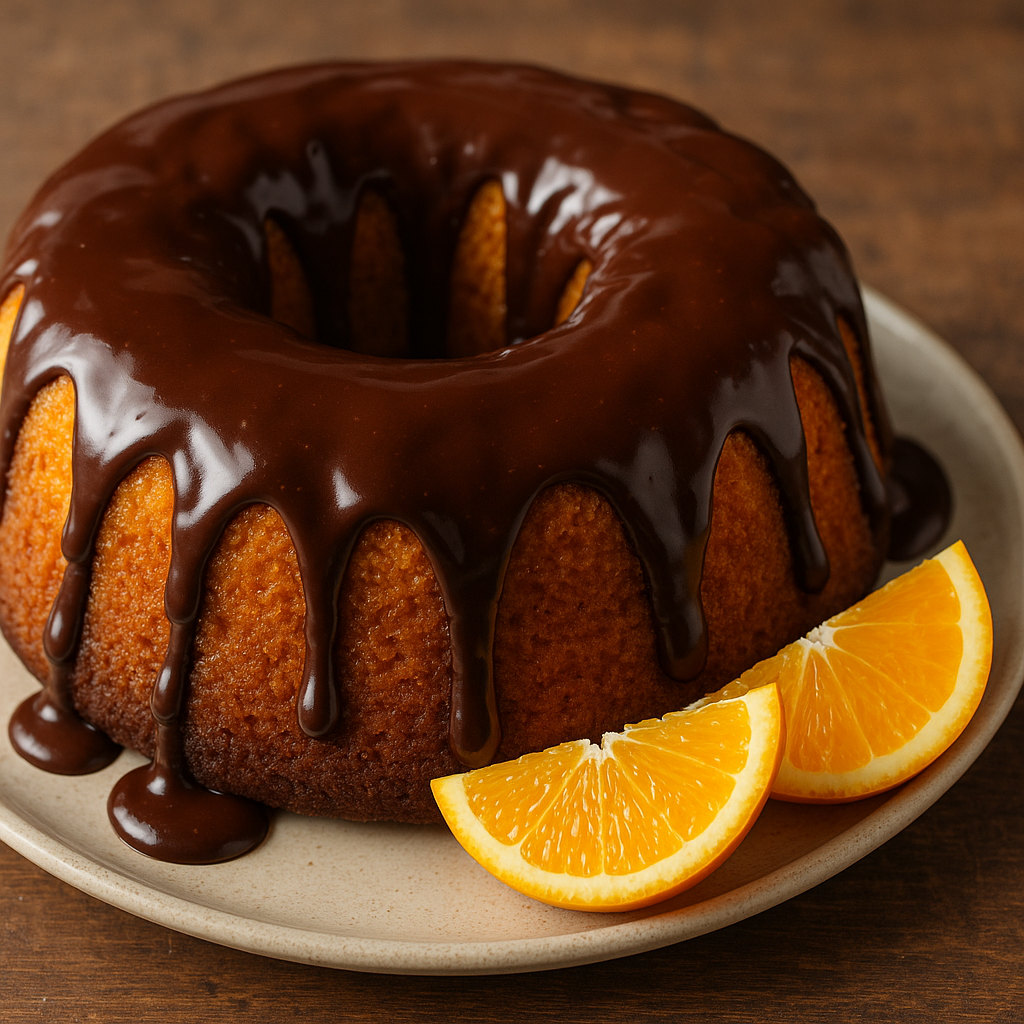 Receita de bolo de laranja com calda de chocolate