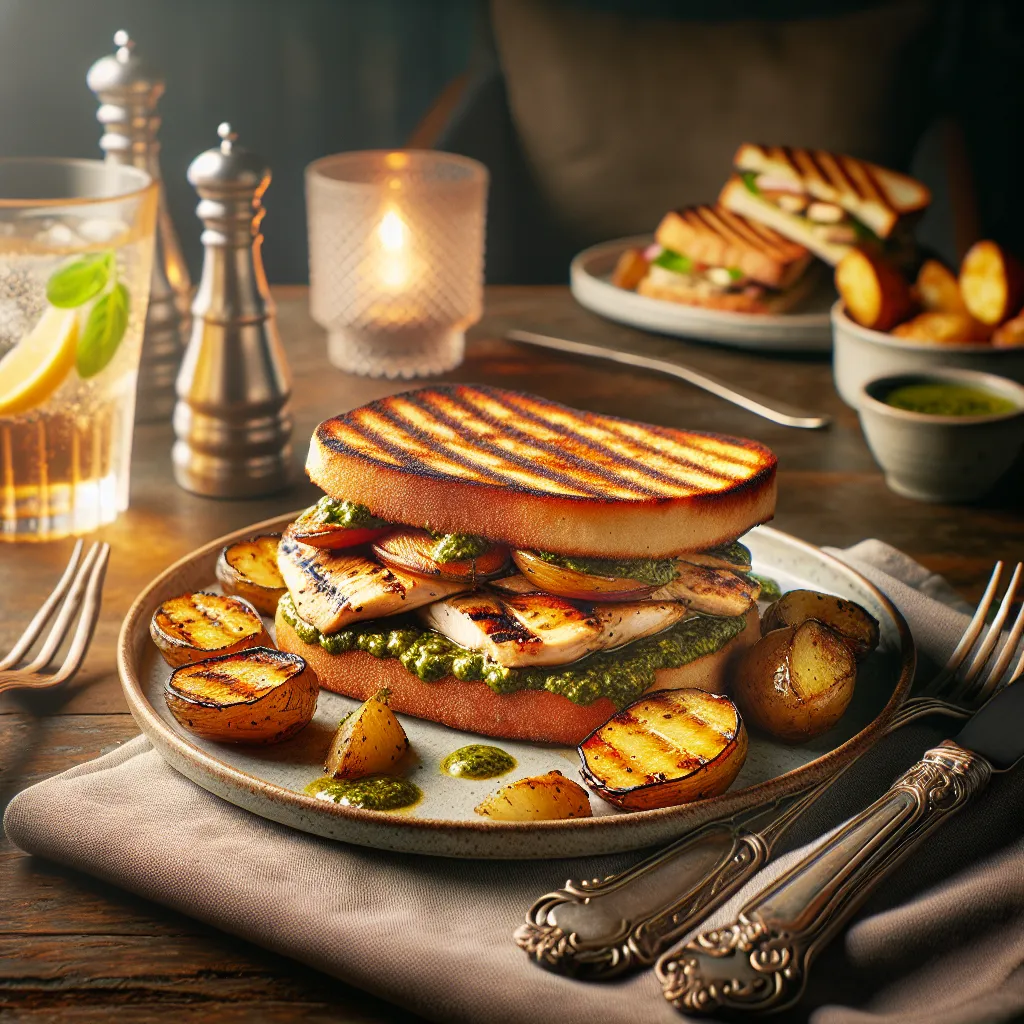 Sanduíche de Frango Grelhado com Molho Pesto e Batatas Rústicas Assadas