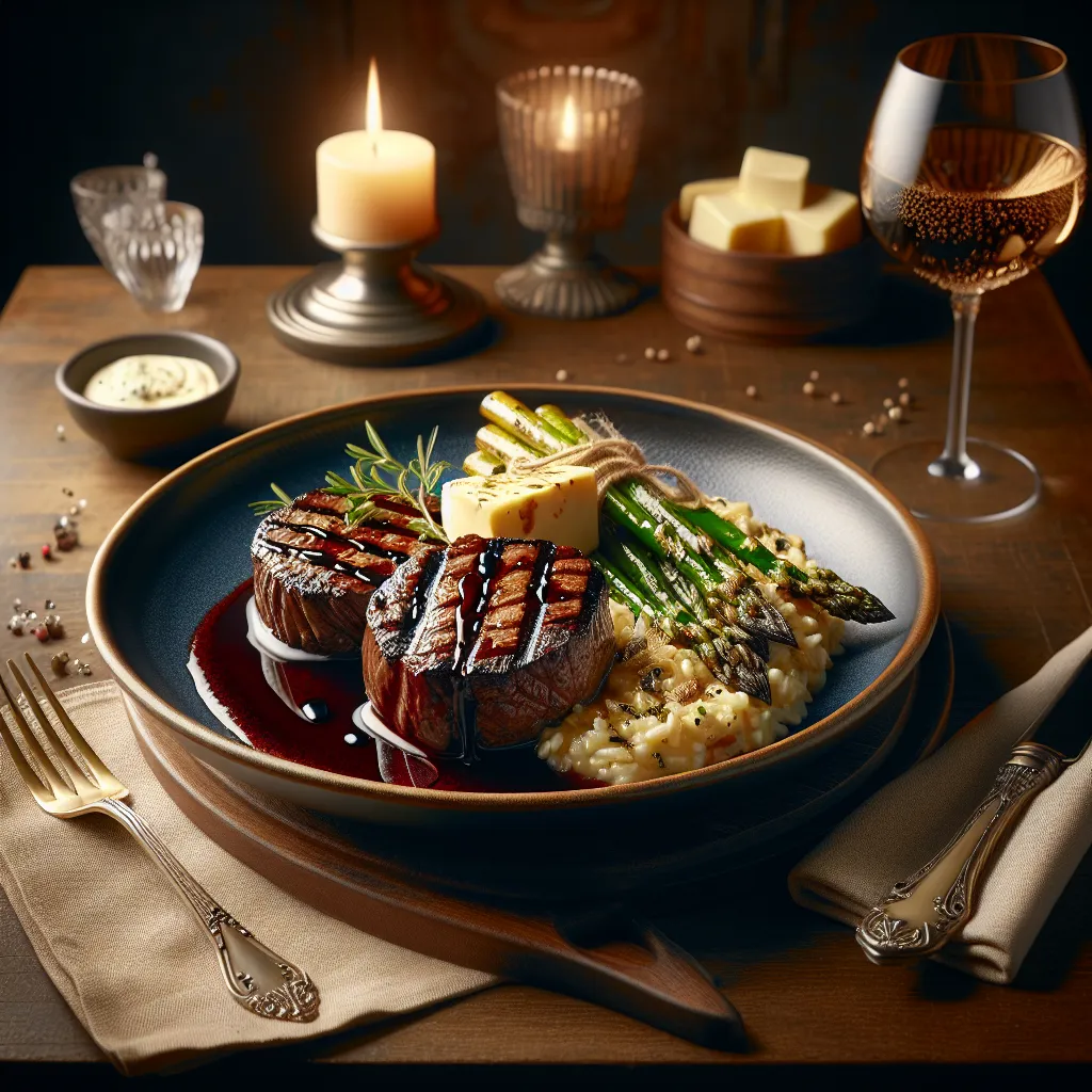 Medalhões de Filé Mignon ao Molho de Vinho Tinto com Risoto de Queijo Brie e Aspargos Grelhados