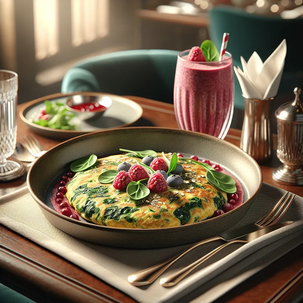Omelete de Espinafre com Aveia e Smoothie de Frutas Vermelhas